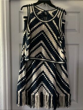 Ultra Pink Navy and Cream Crochet Fringe Mini Dress